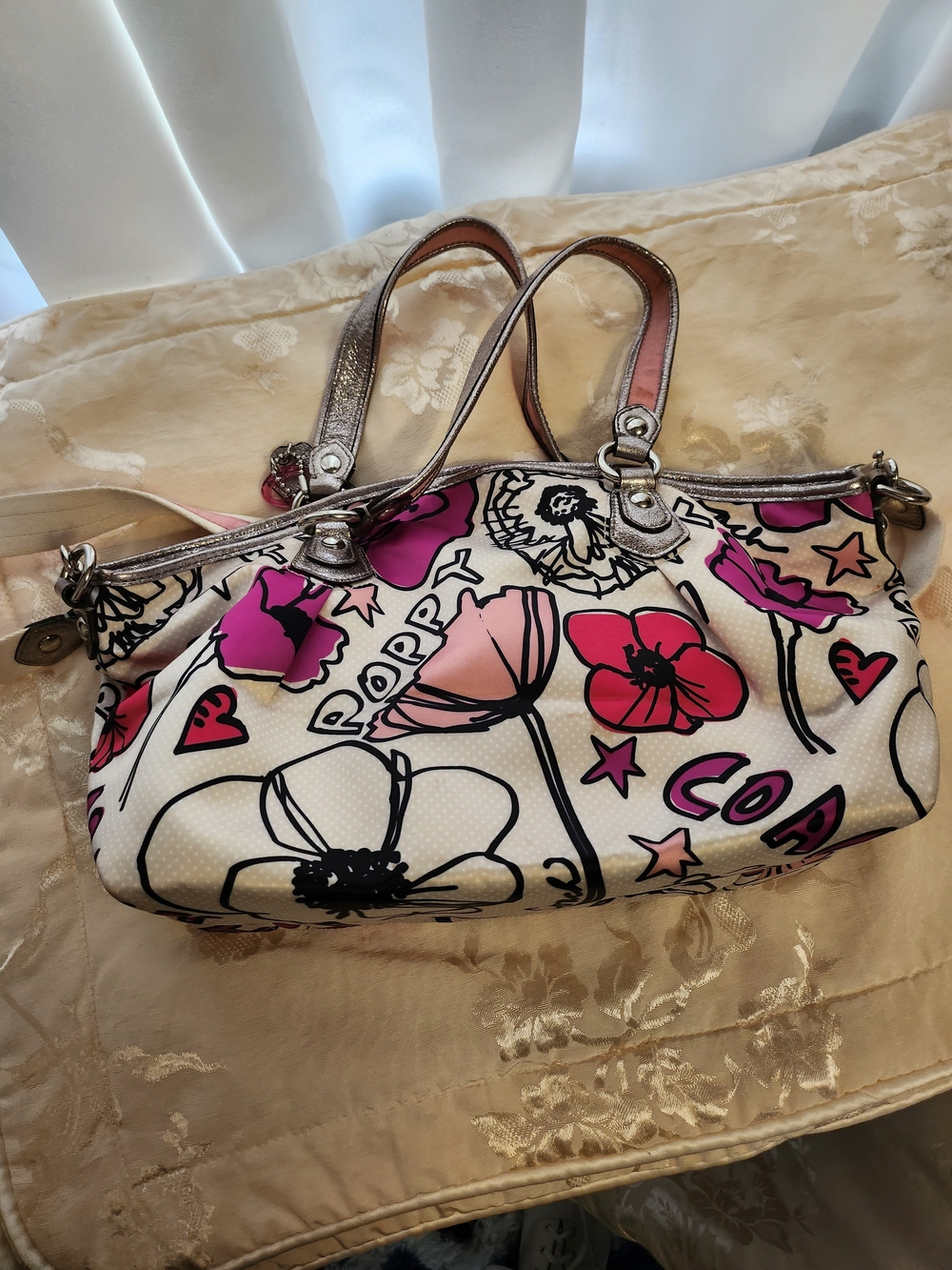 Coach Floral Print Satchel Bag in Cream and Pink - Picture 2 of 4